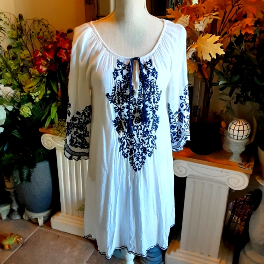 C/C, Cotton Rayon Blend,  Boho, Embroidered Midi Dress, Size L/P